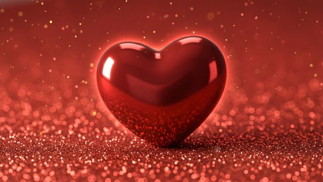 A shiny red heart on a glittery red background with sparkles