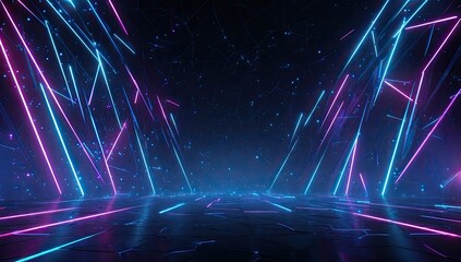 Futuristic 3D neon light beams of blue and pink converge over a textured floor