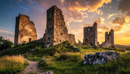 Ancient Castle Ruins at Sunset - A Timeless Landscape of History.