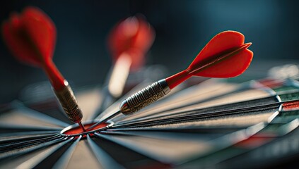 Close-up of three red darts successfully hitting the bullseye on a dartboard