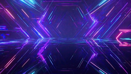 Futuristic abstract illustration featuring neon geometric light patterns and reflective surface