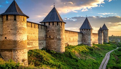 Majestic Khotyn Fortress - A Medieval Citadel in Ukraine at Sunset.