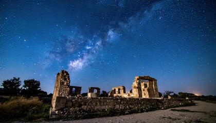 Ancient Ruins Under a Starry Night Sky - A Timeless Landscape.