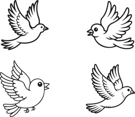 Cute Flying Birds Outline Vector Set, 