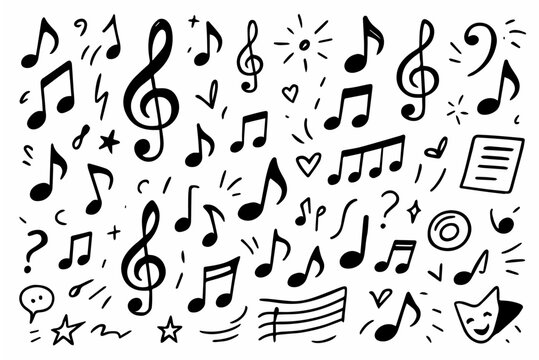 Hand-drawn doodle vector set of music notes and treble clefs created in a fun style, isolated on white background