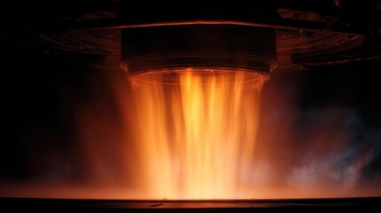 Powerful blast of orange flame and exhaust from a rocket engine nozzle during a test firing