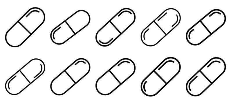 pill capsule medical health care outline icon set, line art minimal design