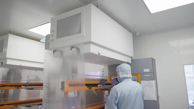 Cleanroom technician working beneath a laminar flow hood with HEPA filtration, inspecting racks and components in a sterile laboratory environment for precision manufacturing