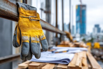 Close-up of work gloves hanging on metal, with blueprints and city buildings blurred behind