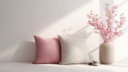 Two square pillows, flowers in vase, and small rocks sit by a wall, illuminated by sunlight