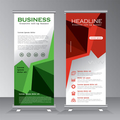 roll up banner template for business, vertical banner template, abstract geometric standee banner, modern x-banner and pull up, vertical banner with green and red color