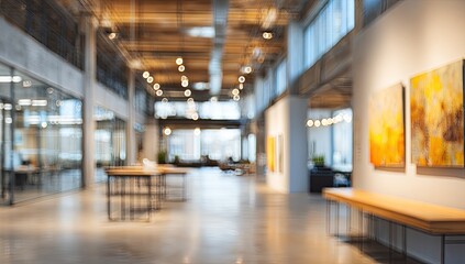 Defocused interior shot, wide space, paintings on wall, natural light, tables, seating areas