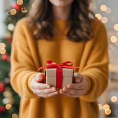 Close-Up of Hands Presenting Small Gift Box with Red Ribbon in Warm Bokeh Background for Holidays, Giving and Surprise Moments