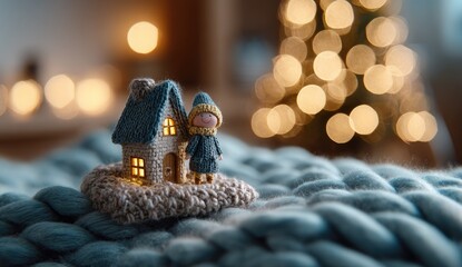 Miniature house and figure on knitted surface with blurred lights in the background