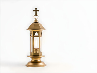 A gold lantern with a cross on top and a lit candle inside