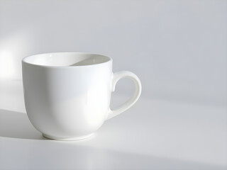 A white coffee cup sits on a table