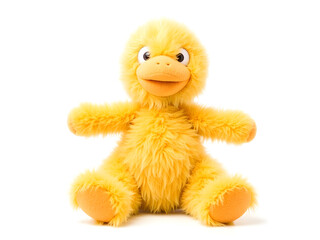 A stuffed duck with a yellow beak and orange feet