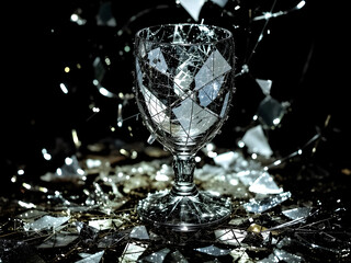 A broken wine glass with shards of glass scattered around it