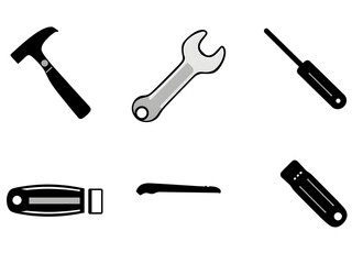 A set of tools including a hammer, wrench, and screwdriver