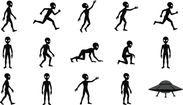 Set of alien character silhouettes in walking, running, jumping and crawling poses with UFO spaceship, black vector sci-fi icons isolated on gray background for game design, animation and illustration