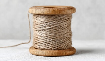 Close-up of a wooden spool tightly wound with natural-colored twine, against a neutral backdrop