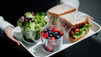 Close-up of a tray with a sandwich, salad, and mixed berries being held by someone