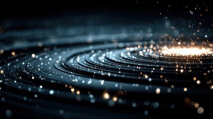 High-Tech Abstract Background with Glowing Particle Flow on Circular Wave Patterns.  A sleek abstract composition perfect for modern technology, AI, and innovation-focused visuals.