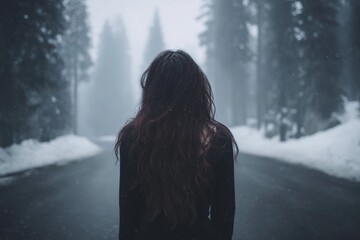 Woman standing on road in snowy forest with fog