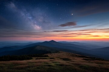 Stars shine over mountains at dusk with strong colors