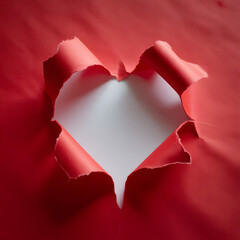 Dramatic Torn Red Paper Revealing Heart-Shaped Hole with White Background Symbolizing Broken Heart, Vulnerability and Love Discovery