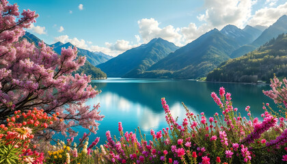A beautiful mountain lake with pink flowers and trees in the foreground