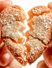 A macro close-up of a heart-shaped cookie broken in half, coated with sugar crystals, held between fingers against a clean white background, symbolizing love, loss, or heartbreak.