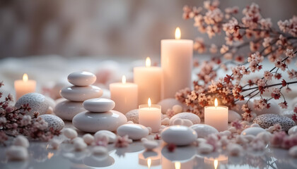 A table with a variety of candles and rocks