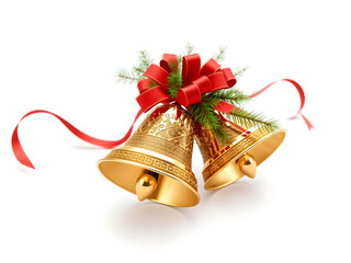 A pair of golden bells with red ribbons are hanging from a red ribbon