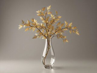 A vase with a gold leafy branch in it