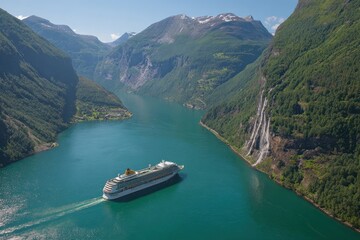 Naklejka premium Cruise ship sailing through a fjord surrounded by mountains and waterfalls
