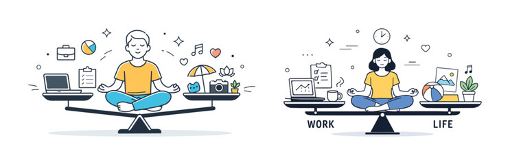 Balance between work and life: caucasian male and asian female practicing meditation