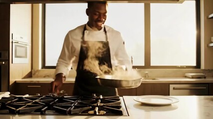 Professional chef cooking food in a modern kitchen, steam rising from pan