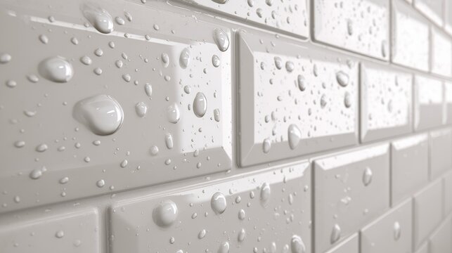 Close-up of white beveled subway tiles with water droplets on a bathroom or kitchen wall background