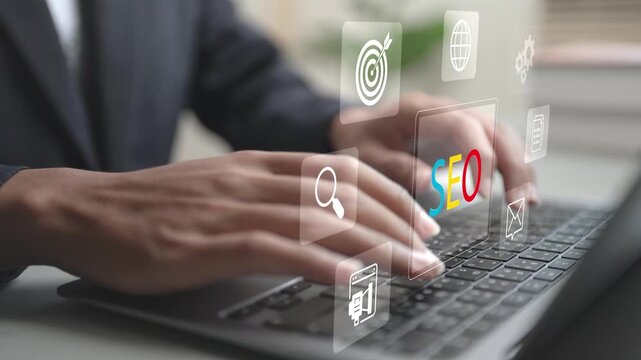 Digital SEO with data analytics, keyword research, search ranking and optimization process. Modern technology interface showing website performance, traffic growth and online marketing strategy.