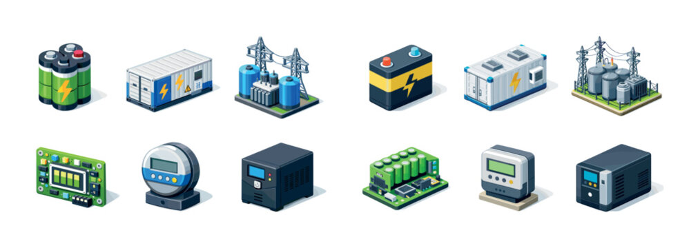 Isometric energy icons: batteries, transformers, power grids, circuit boards, meter devices