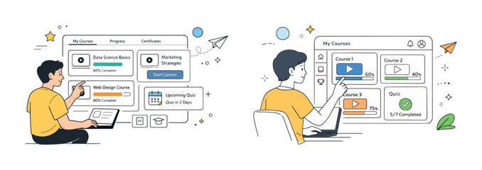 Young asian male engaging with online learning platform dashboard for courses and quizzes