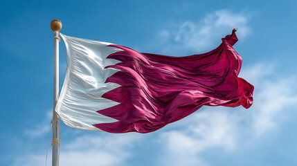 Qatar National Flag Waving in the Wind Against Clear Blue Sky, Symbol of Gulf Identity, Sovereignty, Prosperity and National Pride