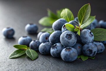 Plump, Fresh Blueberries with Green Leaves on a Dark Stone Surface, Showcasing Natural Ripe Fruit