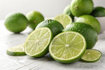 Vibrant Green Limes Halved and Whole Showcasing Freshness and Juicy Texture on a Stone Surface