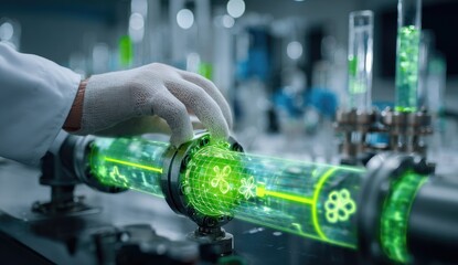 Scientist's gloved hand adjusts a glowing futuristic tube within a laboratory setting