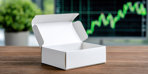 Open white e commerce packaging box on wooden table with blurred chart and plant background