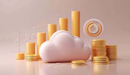 Illustration features gold coins, bar graphs, a cloud, and financial data visuals