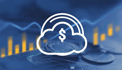Cloud-shaped icon with dollar sign over coins with overlaid market graph for finance