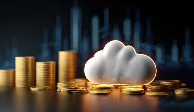 Digital cloud symbol glowing amidst stacks of coins with a blurred cityscape background - Powered by Adobe